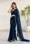 Women Soft Silk Saree with Blouse | Mirror Lace Saree for Wedding &amp;amp; Festival | Color: Navy Blue