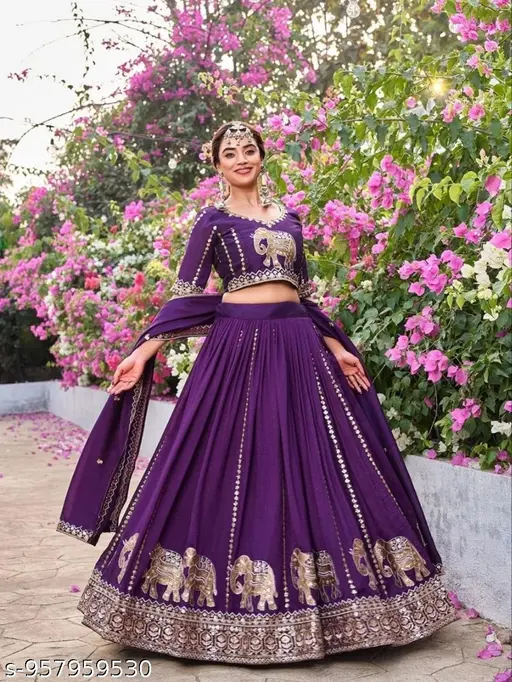 Chiffon Purpal color lehngha set Unstitched blaus with dupatta (3 piece set)