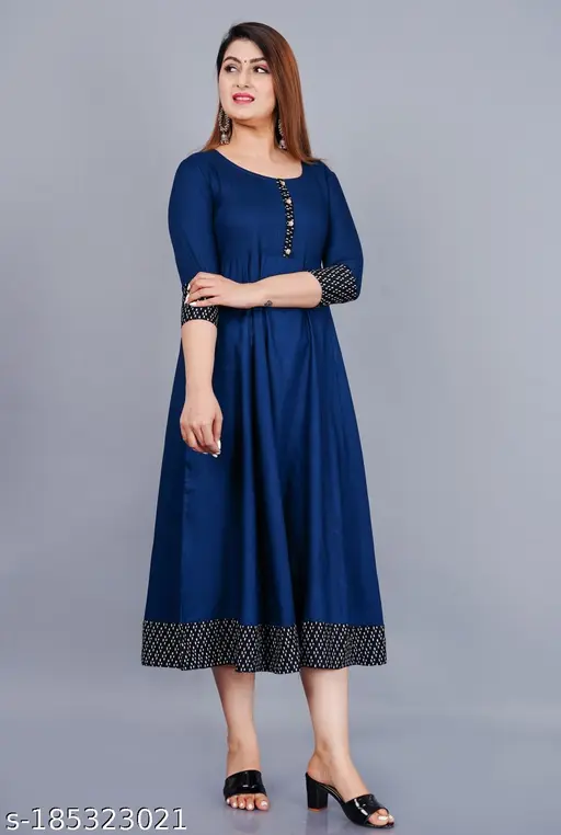 Trendy Women&amp;#039;s Solid Printed Round Flared Kurti (Navy Blue)