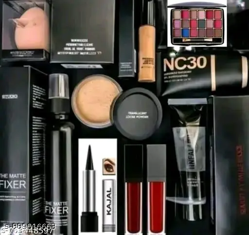 Makeup Kit Combo of Fixer, Primer, Foundation, Concealer, Loose Powder, Kajal, 2 Lipsticks, Blender Puff &amp;amp; Eyeshadow (Pack of 10 For Women &amp;amp; Girls)