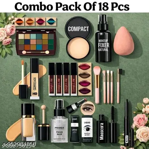 Combo Pack of Makeup Eyeshadow, Face Makeup Compact, Makeup Fixer,Concelar, 4 Pcs Lipstick, 5 Pcs Makeup Brush, Makeup Foundation, Primer, Eyeliner, Mascara, Kajal ads &amp;amp;Makeup Blender Puff( pack of 12 Pcs)