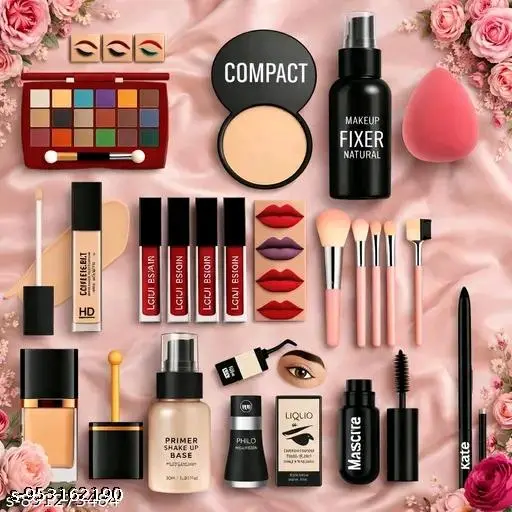 Combo Pack of Makeup Eyeshadow, Face Makeup Compact, Makeup Fixer,Concelar, 4 Pcs Lipstick, 5 Pcs Makeup Brush, Makeup Foundation, Primer, Eyeliner, Mascara, Kajal ads &amp;amp;Makeup Blender Puff( pack of 12 Pcs)