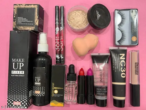 2-36H,Puff,Loose Powder, Concealer, Eyelashes,Fixer, Serum, 2Lipstik,Primer NCfoundation.