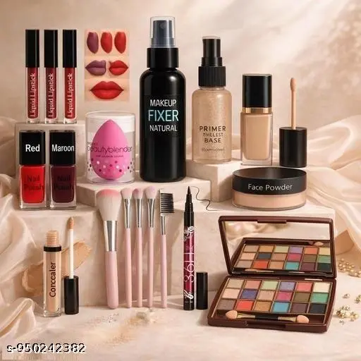 K.Y.L.Plus Perimium Quality 18 Colour Eyeshadow Combo Pack Of Red Edition 4 Lipsticks, Fixer, Primer, Foundation, Concealer, 5pcs Makeup Brushes, 36h Eyeliner,Puff, Face Powder &amp;amp; Nailpolish