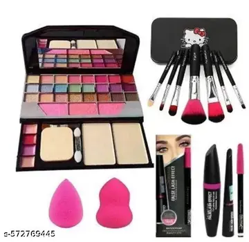 Makeup Combo of Mini Eyeshadow, Eyeliner, 5 Makeup Brushes, 3in1 Mascara , Straightner &amp;amp; Blender ( Pack Of 12) For Women &amp;amp; Girls