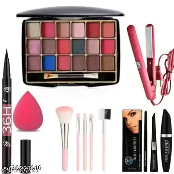 Makeup Combo of Mini Eyeshadow, Eyeliner, 5 Makeup Brushes, 3in1 Mascara , Straightner &amp;amp; Blender ( Pack Of 12) For Women &amp;amp; Girls