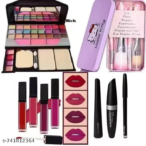 9-Piece Professional Makeup Kit – TYA Palette, 7-Piece Brush Collection, 4 Bold Red Lipsticks, Mascara, Eyeliner &amp;amp; Kajal.