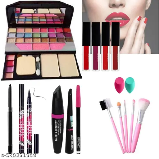 Total Beauty Kit – 13 Items – Includes TYA Eyeshadow Palette, 5 Makeup Brushes, 2 Eyeliners, 2 Kajals, Mascara, 4 Red Edition Liquid Lipsticks, and 2 Soft Puffs.