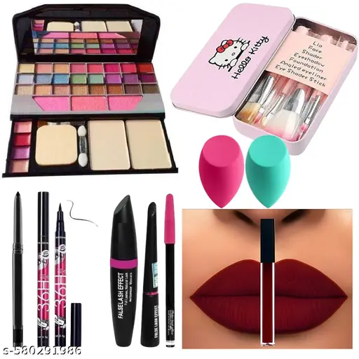 10-in-1 Makeup Combo – Includes TYA Eyeshadow Palette, 7-Piece Brush Set, 2 Puffs, Maroon Lipstick, 2 Eyeliners, 2 Kajals, and Mascara.