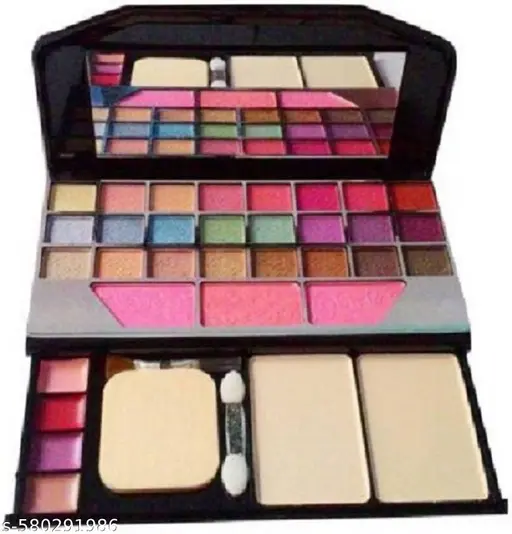 10-in-1 Makeup Combo – Includes TYA Eyeshadow Palette, 7-Piece Brush Set, 2 Puffs, Maroon Lipstick, 2 Eyeliners, 2 Kajals, and Mascara.