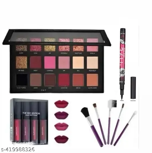 Rose Gold Eyeshadow Palette with 5 Pc Makeup Brush , 4 in 1 Matte Red Edition Lipstick &amp;amp; Black Eyeliner