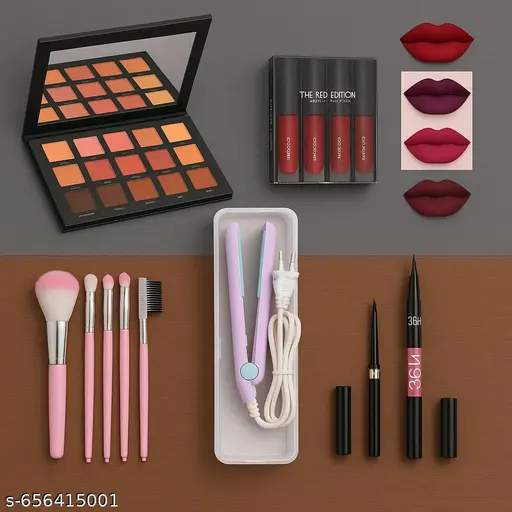 Complete Beauty Makeup Combo Set for Women | Eyeshadow, Lipstick Combo, Kajal, Eyeliner, Hair Straightener with 5 Brush Kit